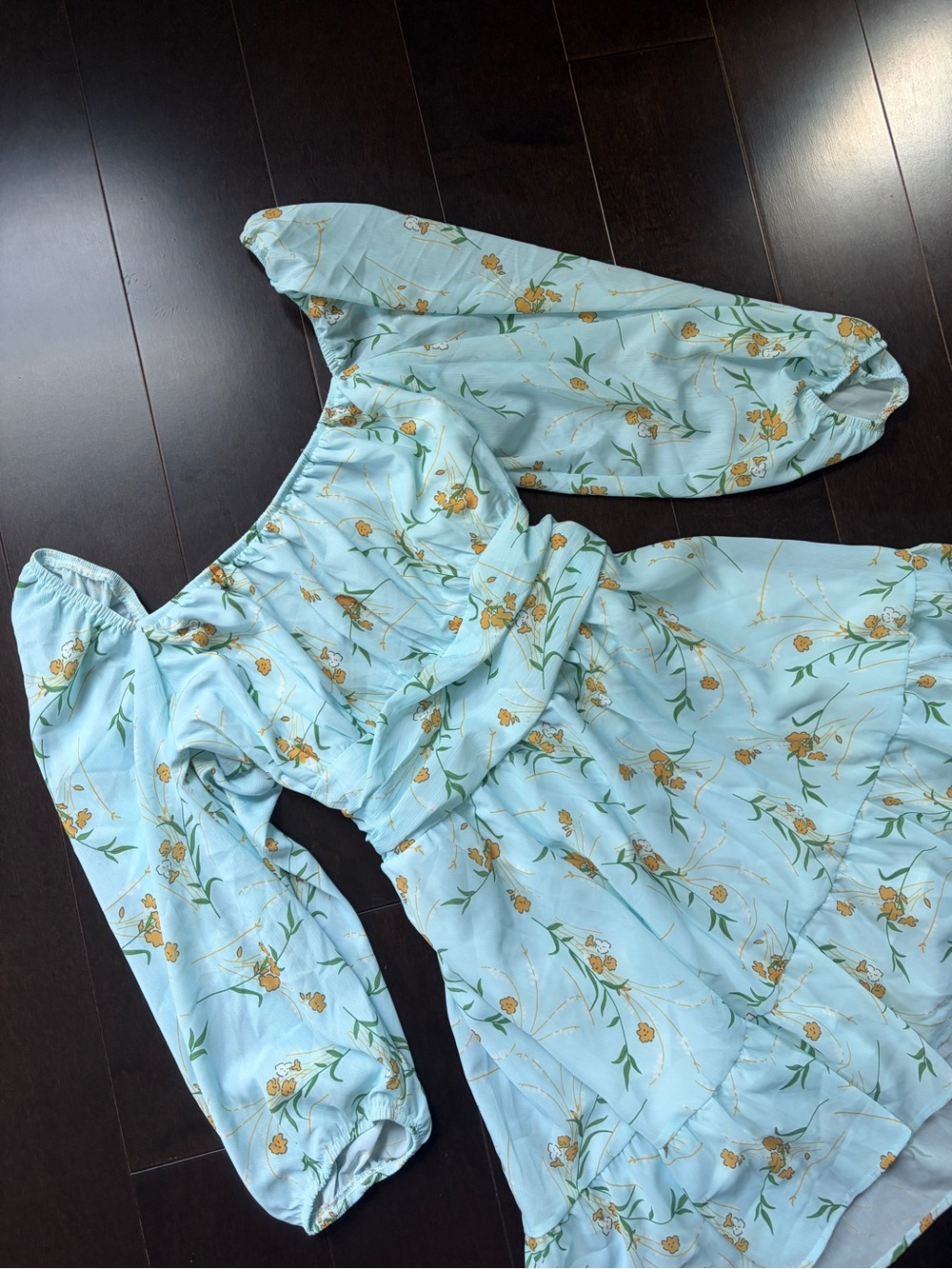 Light Blue Floral Puff Sleeve Women's Dress